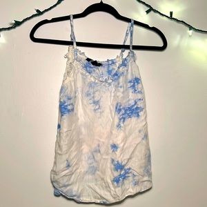 Tie dye, blue and white frayed tank top
